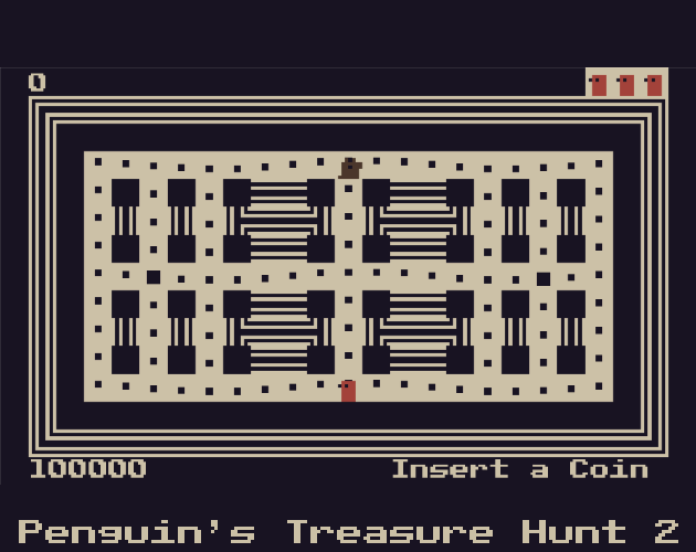 A gif of the game Penguin's Treasure Hunt 2. A Pacman like game where you play as Penguin and have to avoid the big bad Wolf.